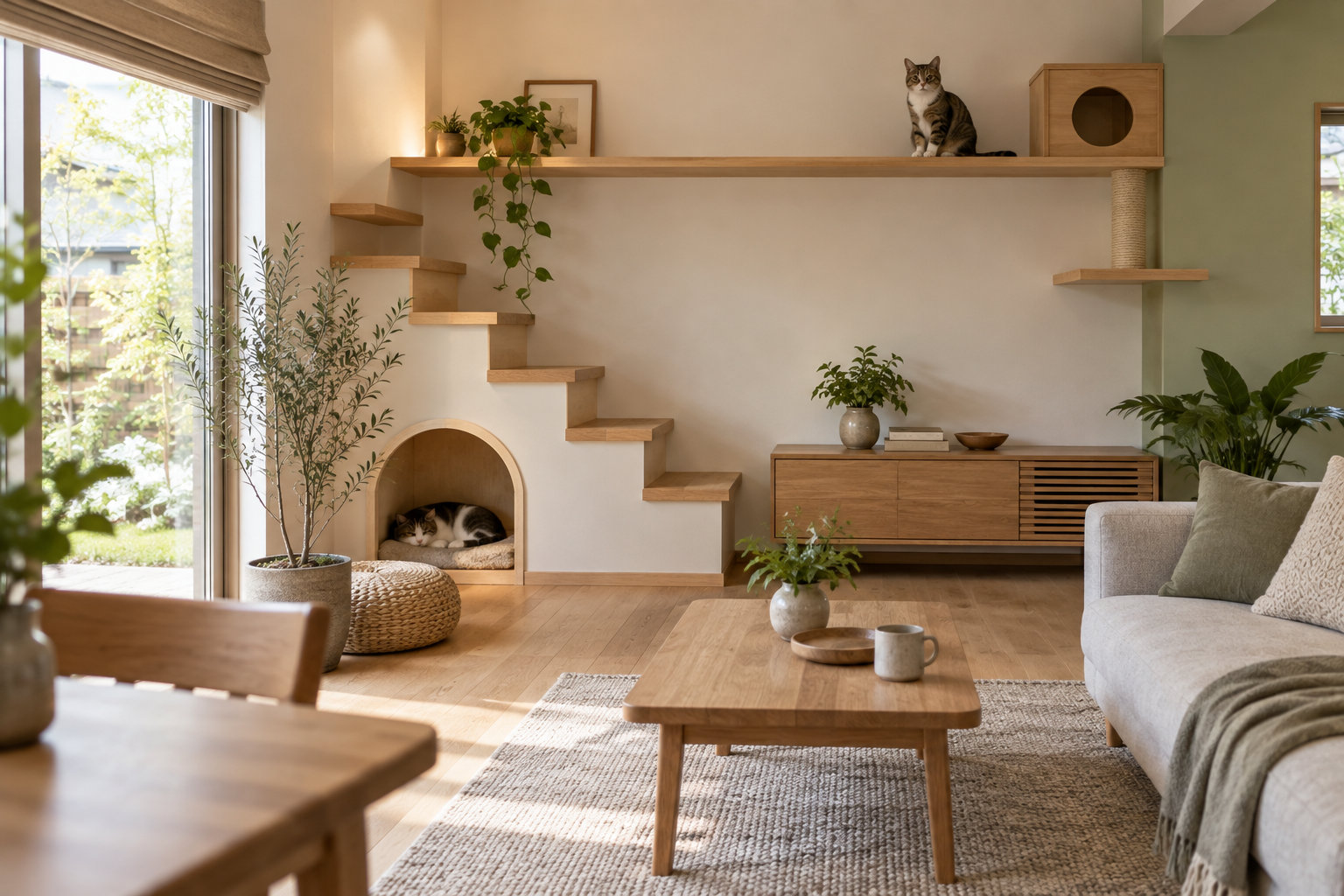 猫が休む壁の居場所と木製ステップを備えたリビングのAI生成イメージ